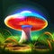 Psychedelic Decorative mushroom in dark forest at night glows with neon light