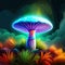 Psychedelic Decorative mushroom in dark forest at night glows with neon light