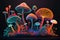 Psychedelic Decorative Mushrooms in Neon Colors, generative ai