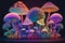 Psychedelic Decorative Mushrooms in Neon Colors, generative ai