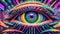 Psychedelic eye infused with abstract neon streaks set against a vibrant neon world. Generative AI