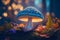 Psychedelic fluorescent mushroom in the enchanted forest. Generative AI