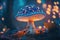 Psychedelic fluorescent mushroom in the enchanted forest. Generative AI