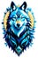 A psychedelic graphic design of blue wolf, white background, t-shirt prints, logo, symbol, animal art, aesthetic-modern