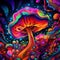 a psychedelic image with colorful colored mushrooms in the background of black light