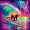 A psychedelic image featuring a bear surfing on a giant slice of pizza