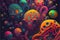 Psychedelic neon colorful alien world and alien creatures many aliens are bright vivid and colourful