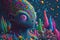 Psychedelic neon colorful alien world and alien creatures many aliens are bright vivid and colourful