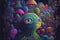 Psychedelic neon colorful alien world and alien creatures many aliens are bright vivid and colourful