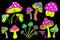 Psychedelic neon mushrooms set. Collection of colored acid rainbow mushroom hippy style. vector illustration