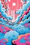 a psychedelic painting of clouds and water in a pink blue and yellow color scheme