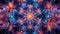 A psychedelic pattern of blue and orange flowers with a purple background, AI