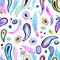 Psychedelic pattern with colorful watercolor abstract shapes. Bright funky hand drawn texture.