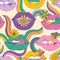 Psychedelic pattern lips with flowers in 70s 80s retro hippie style