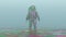 Psychedelic Pink an Green Spaceman with Green Visor Standing in Liquid in a Foggy Overcast Alien Environment