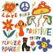 Psychedelic retro funny stickers 70s-80s doodle style. Hippie retro vintage icons, Flowers power, mushrooms, peace