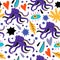 Psychedelic seamless pattern with doodle colorful design elements. Abstract simple shapes, hearts and octopus.