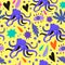 Psychedelic seamless pattern with doodle colorful design elements. Abstract simple shapes, hearts and octopus.