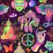 Psychedelic seamless pattern: trippy mushrooms, peace sign, acid Buddha, butterflies, all-seeing eye, mandala