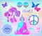 Psychedelic sticker set: trippy mushrooms, peace sign acid Buddha, butterflies, all-seeing eye mandala. Patch badges with stoned