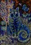Psychedelic striped blue cat with tree of life.