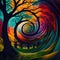 psychedelic swirl of vibrant colors between the trees, fantasy art, AI generation