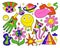 Psychedelic symbols. Acid colours trendy symbols, 80s 90s funny surreal artworks, retro style weird stickers, crazy