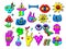 Psychedelic symbols. Hippy stickers collection funny emoticons faces hands mushrooms neon colored hallucination labels