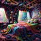 a psychedelic themed room with decor and furniture that evokes fantasy images and experiences