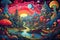 Psychedelic Wonderland: vibrant and trippy panorama of a whimsical wonderland, filled with psychedelic patterns
