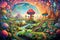 Psychedelic Wonderland: vibrant and trippy panorama of a whimsical wonderland, filled with psychedelic patterns