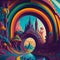 A Psychedelic world with a castle on a colorful bridge