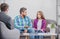 Psychologist with father and daughter, psychotherapist listen mental health of dad and child teen, Psychological parents