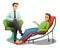 Psychologist and patient woman on sofa couch. Specialist in psychology of adults and children. Visit to doctor. Cartoon