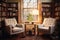 An psychologist\\\'s office, with comfortable chairs, soothing colors, and bookshelves filled with psychology literature.