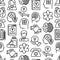 Psychologist seamless pattern with thin line icons: psychiatrist, disease history, armchair, pendulum, antidepressants,