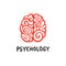Psychology. Brain logo. Red decorative brain illustration in a top view on white background. Doodle style flat vector
