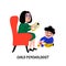 Psychology. Child psychologist. Woman Psychologist tests the child. Preparation for school. Doodle style flat vector