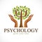 Psychology concept vector logo or icon created with Greek Psi symbol as a green tree with leaves and tender guarding hands, mental