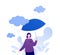 Psychology, emotion and season weather concept. Vector flat people illustration. Woman character with umbrella standing alone