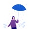 Psychology, emotion and season weather concept. Vector flat person illustration. Female character with umbrella standing alone