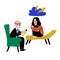 Psychology. Psychological help. Doctor and patient, a girl on sofa talking to therapist. Naive style flat vector