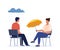 Psychotherapy session. Patient sitting under the rain cloud, a specialist giving him an umbrella. Talk therapy concept. Vector
