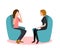 Psychotherapy session vector illustration. Woman psychologist and crying woman patient. Work with feelings and emotions