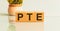 PTE - acronym from wooden blocks with letters, Pearson Tests of English PTE concept Foreign Language exams