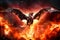 Pterodactyl against a background of fire. Dinosaur. Jurassic period. Flying monster. Global catastrophe. Death of the dinosaurs