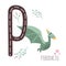Pterodactyl.Letter P with reptile name.Hand drawn cute predator dinosaur.Educational prehistoric illustration.Dino alphabet.