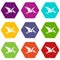 Pterosaurs dinosaur icon set color hexahedron