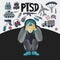 PTSD. Post traumatic stress disorder vector illustration.