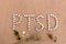 PTSD text with herbal pills on a wood background